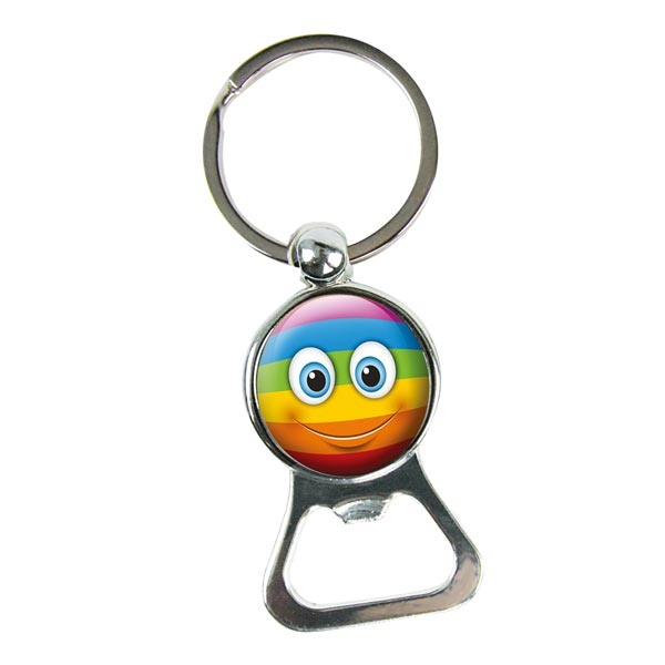 Key Tag - Bottle Opener : Key Tag - Bottle Opener with 35 mm key ring, smiling face, rainbow